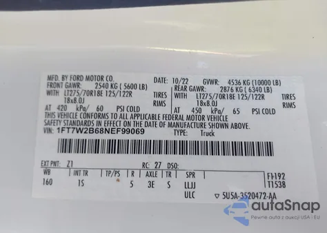 2022 Ford F-250 Xl z USA, uszkodzony, nr VIN 1FT7W2B68NEF99069